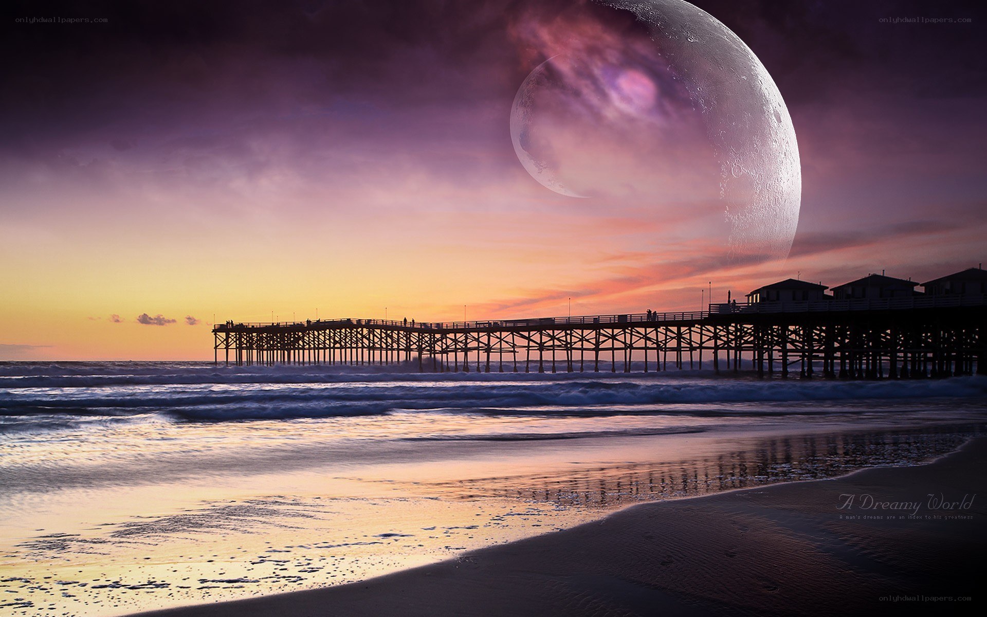 Dreamy beach with giant moon