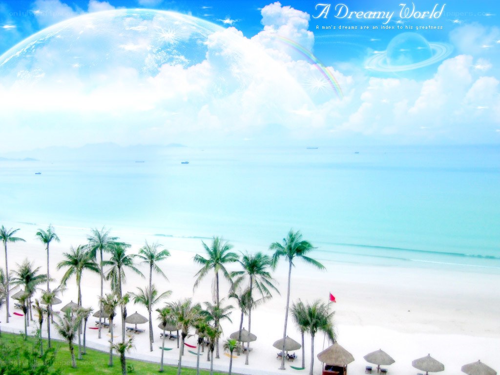 Dreamy beach with planet and rainbow
