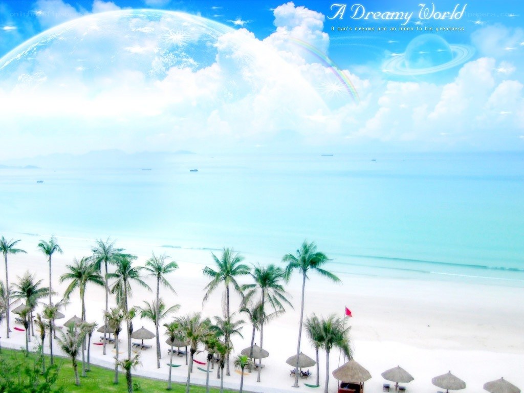 Dreamy beach with planet and rainbow