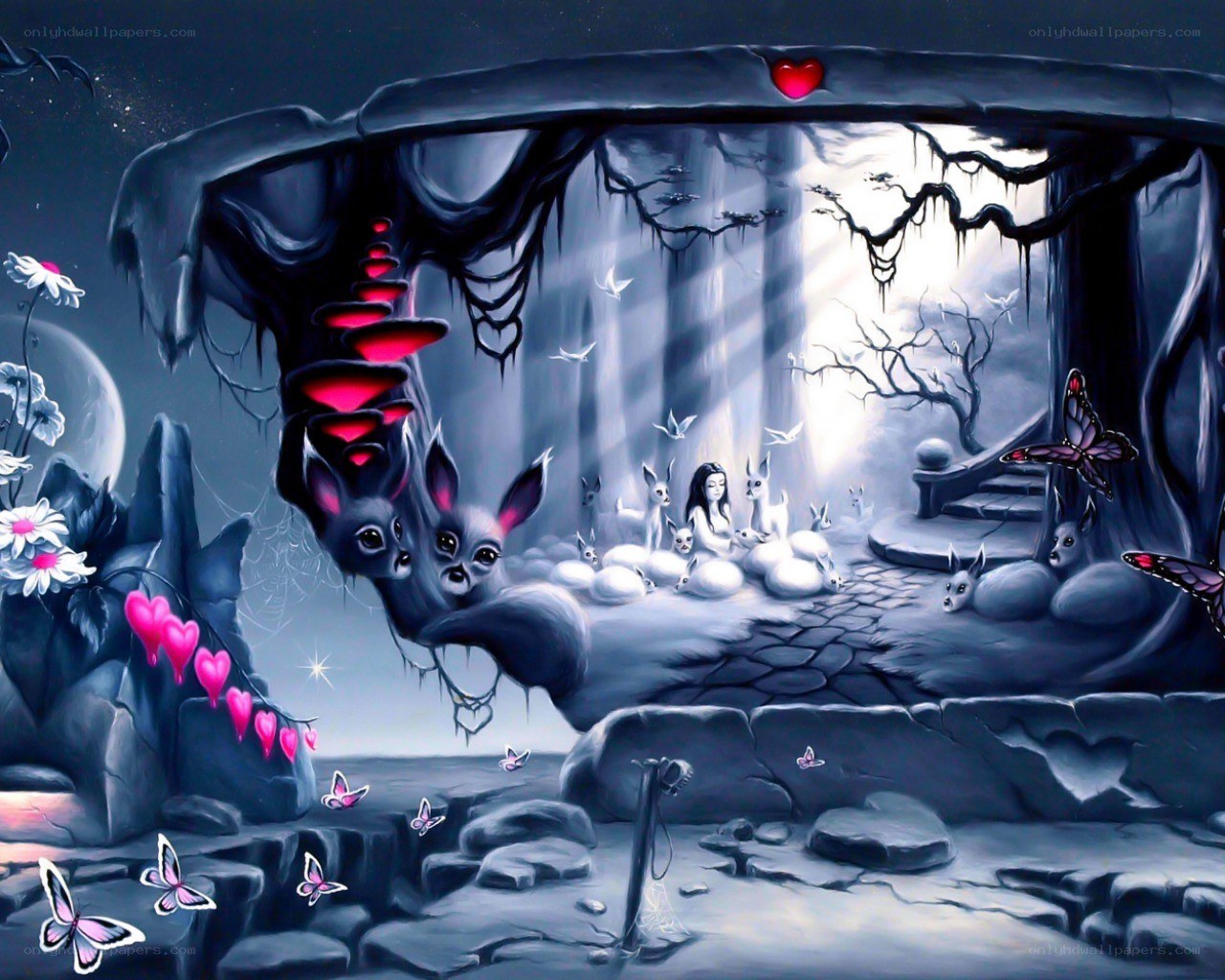 Dreamy cave with glowing hearts