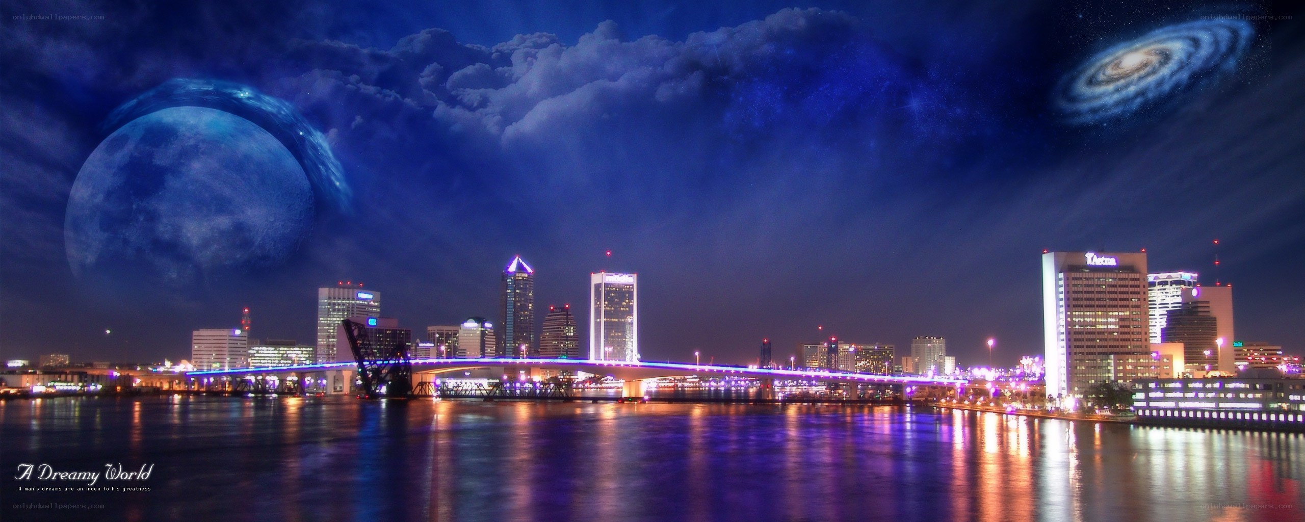 Dreamy cityscape with celestial bodies