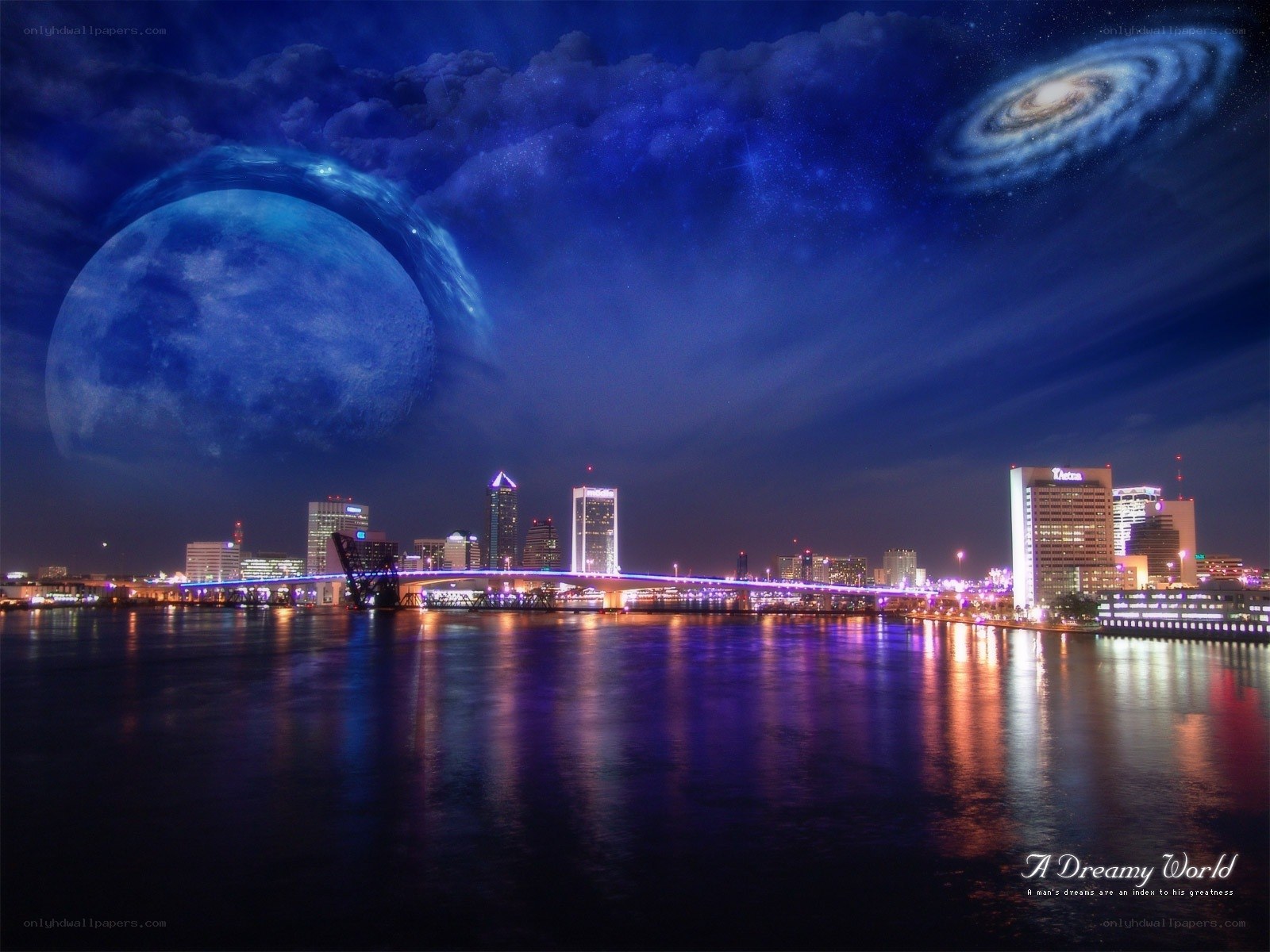 Dreamy cityscape with galaxy