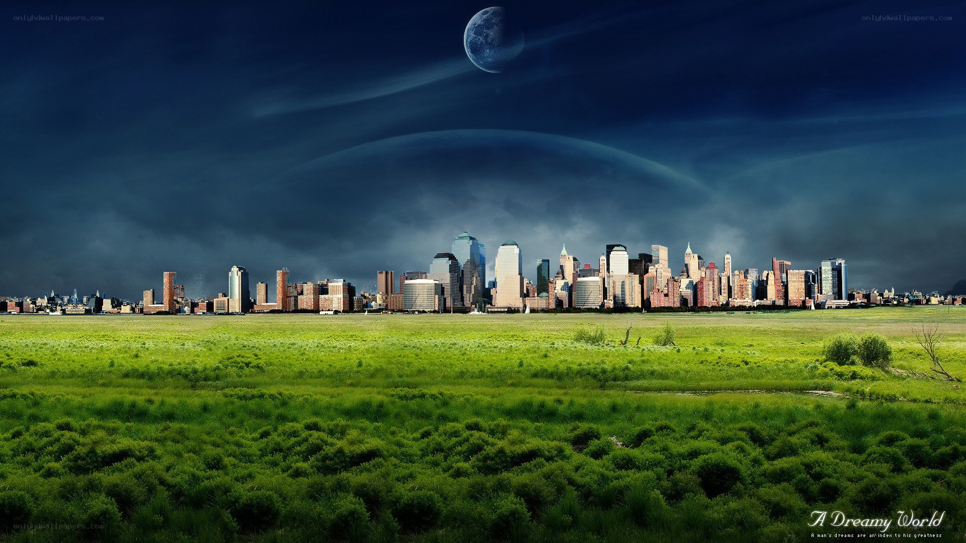 Dreamy cityscape with moon