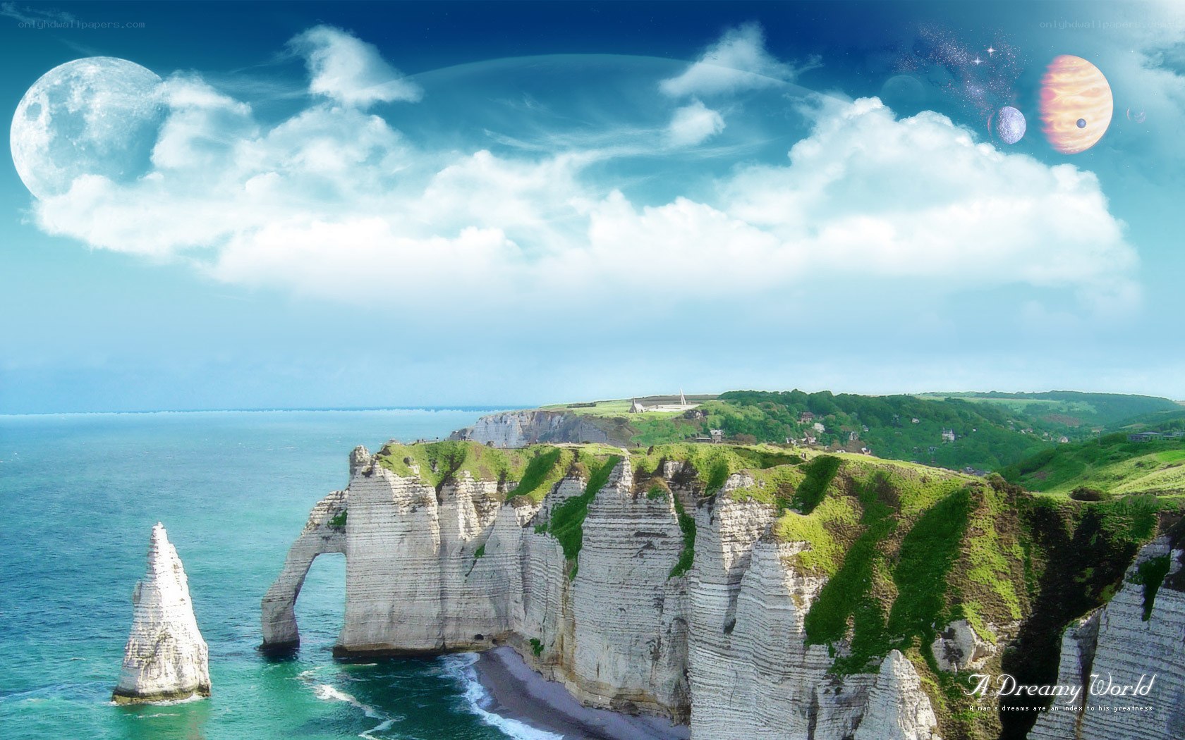 Dreamy coastal cliffs with celestial bodies