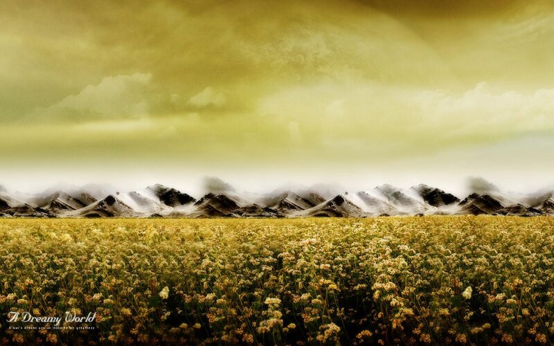Dreamy field with mountains
