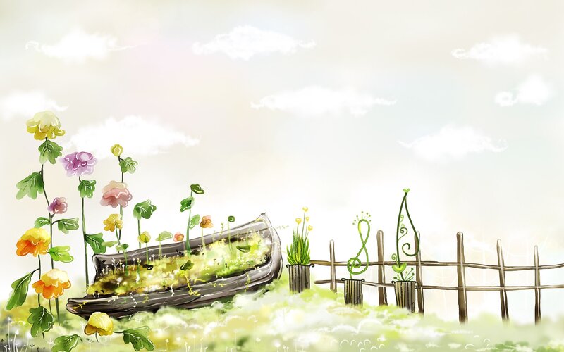 Dreamy garden with boat and flowers