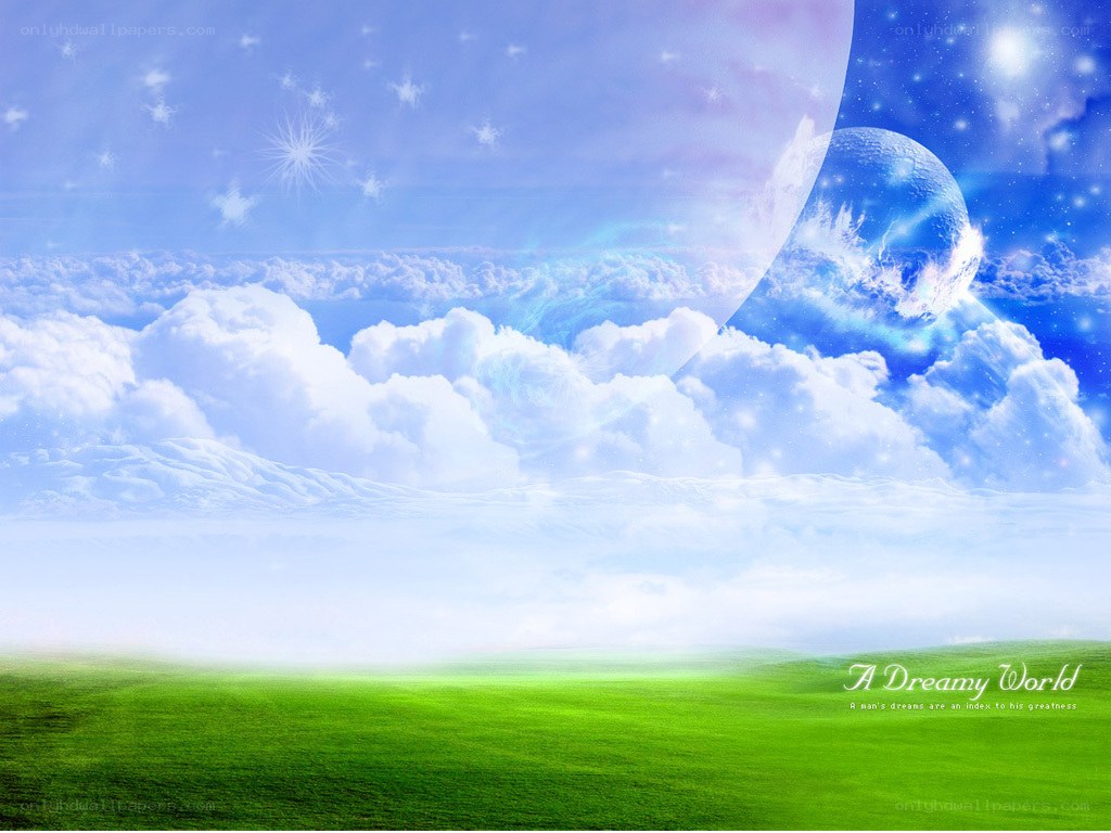 Dreamy green field with celestial sky