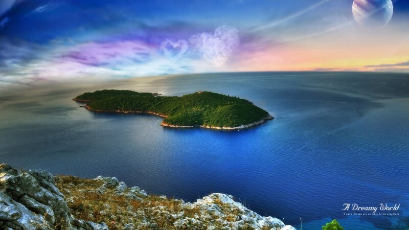 Dreamy island at sunset