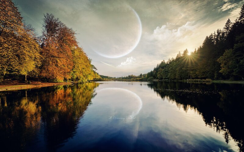 Dreamy lake with giant moon