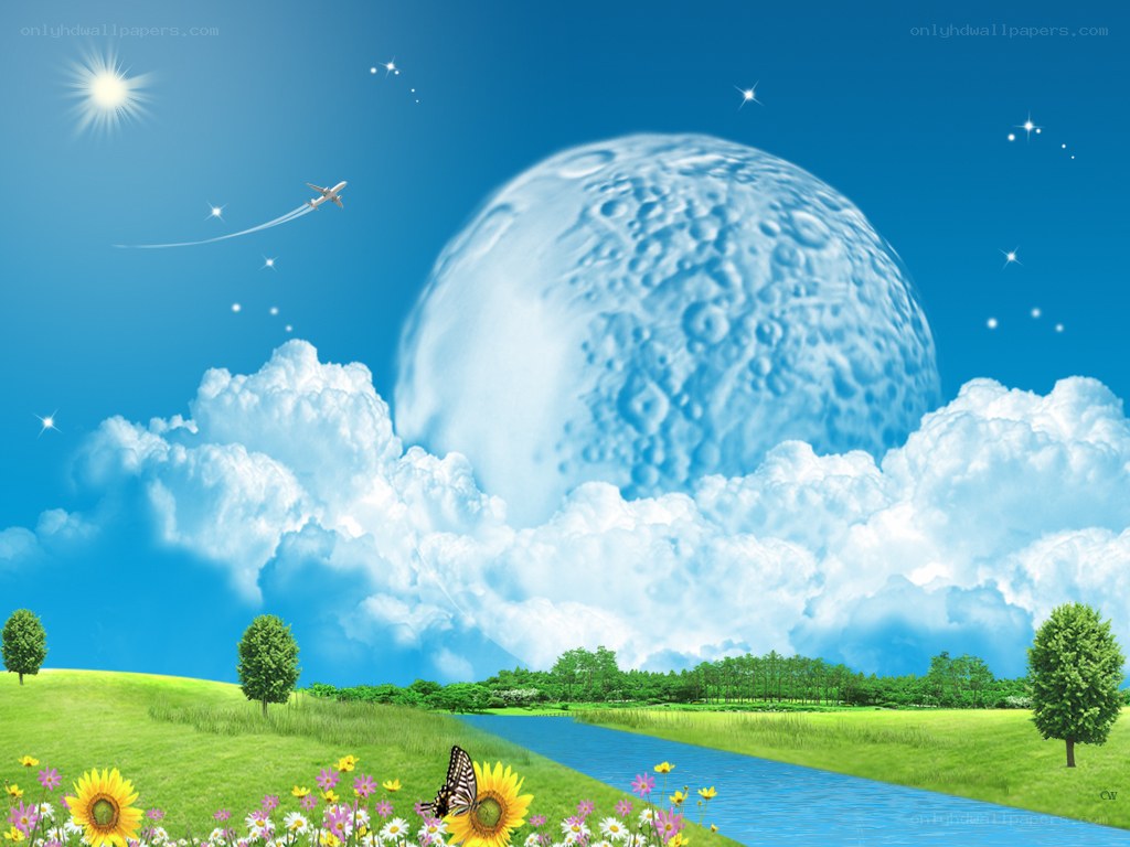 Dreamy landscape with giant moon