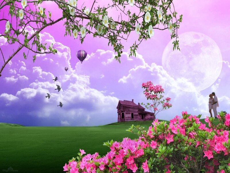 Dreamy landscape with moon and hot air balloon