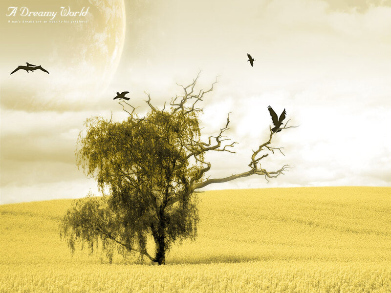 Dreamy landscape with tree and birds