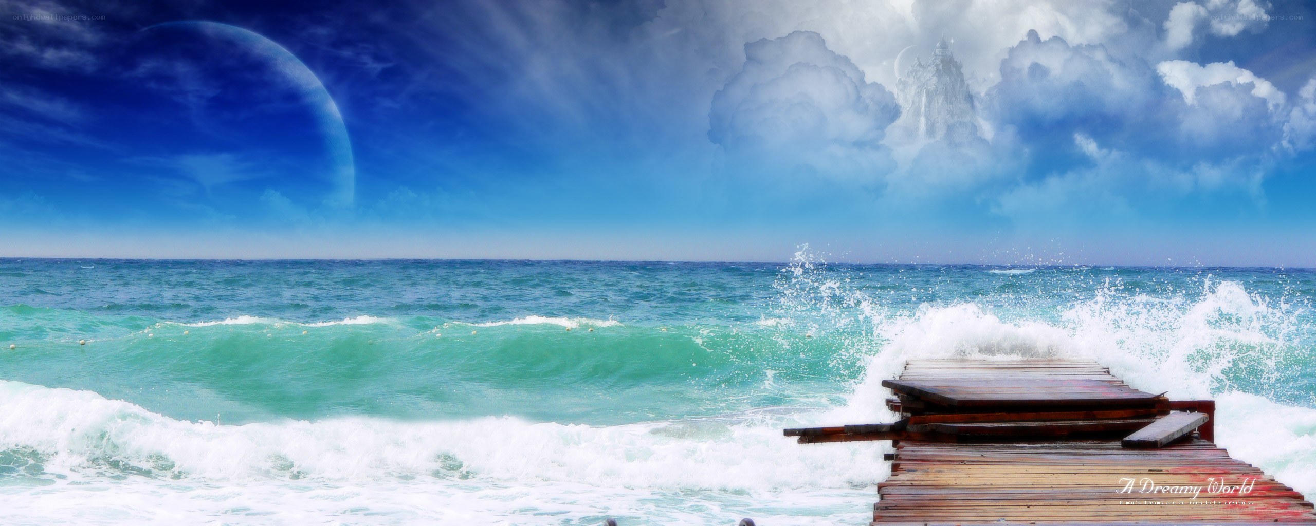 Dreamy ocean with alien planet