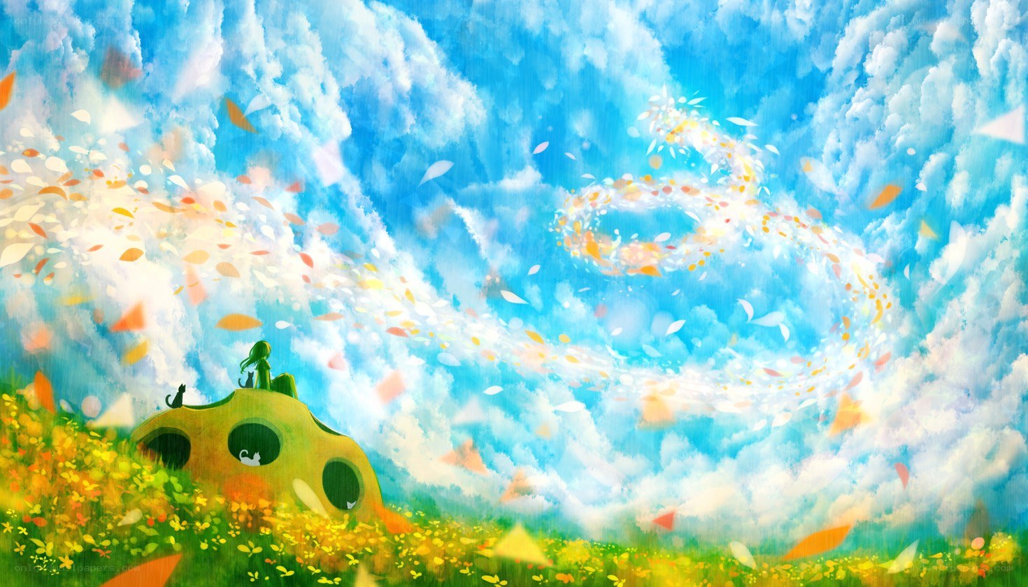 Dreamy sky with flying leaves