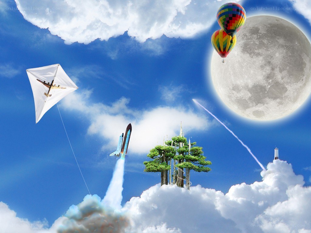 Dreamy sky with moon and flying objects
