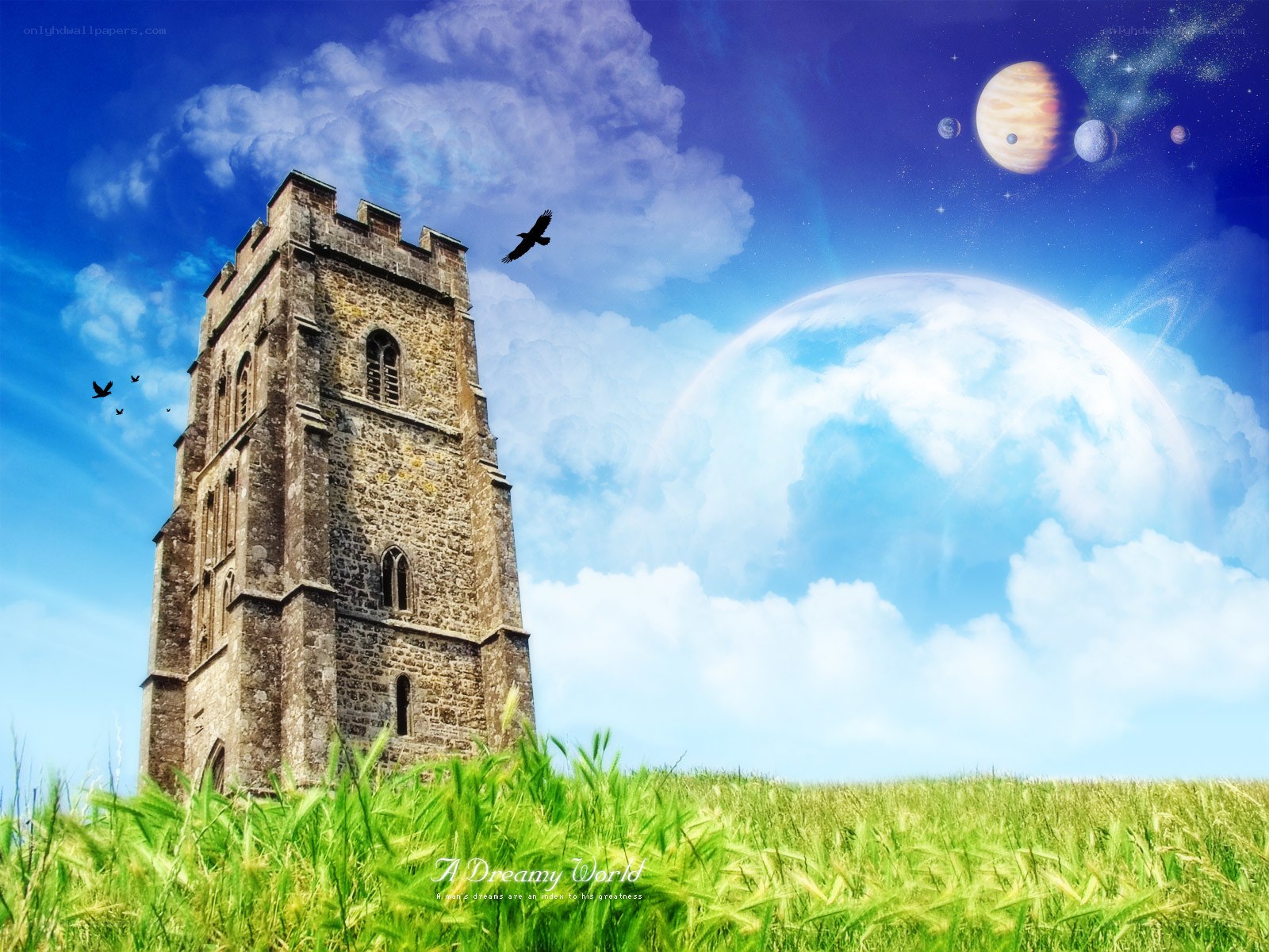 Dreamy world with ancient tower