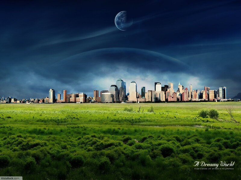 Dreamy world with city skyline