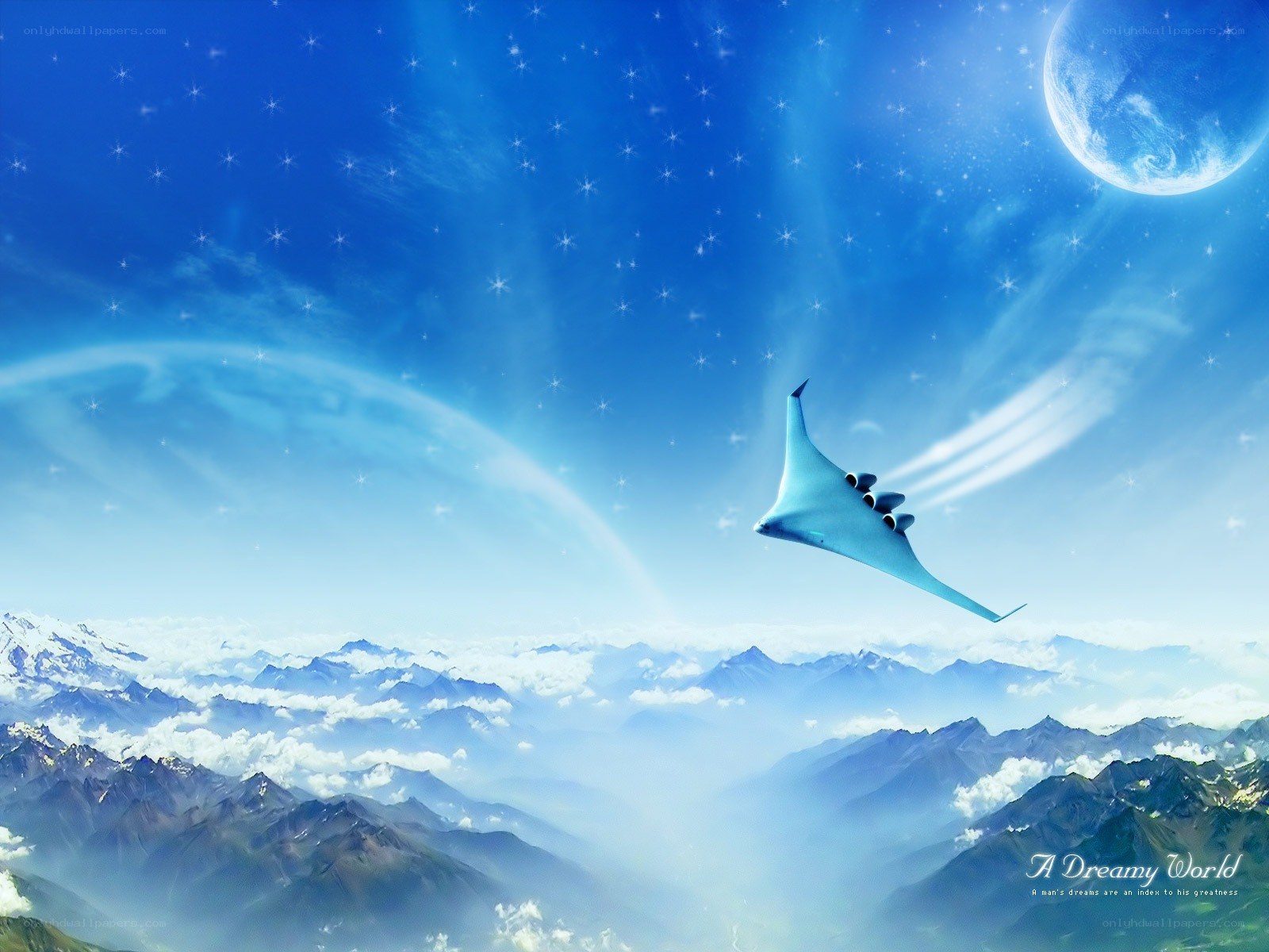 Dreamy world with flying craft