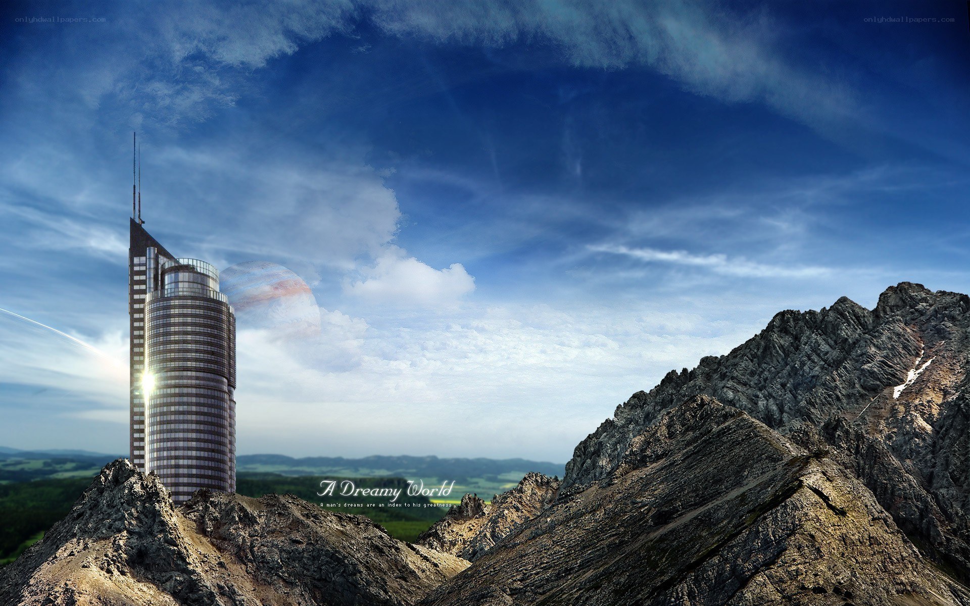 Dreamy world with futuristic tower