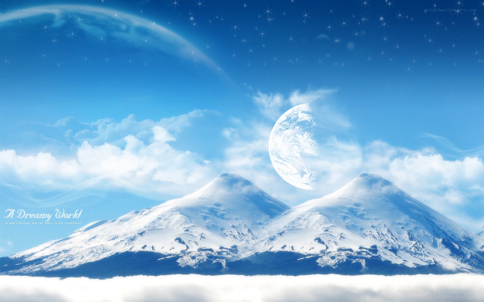 Dreamy world with snowy mountains