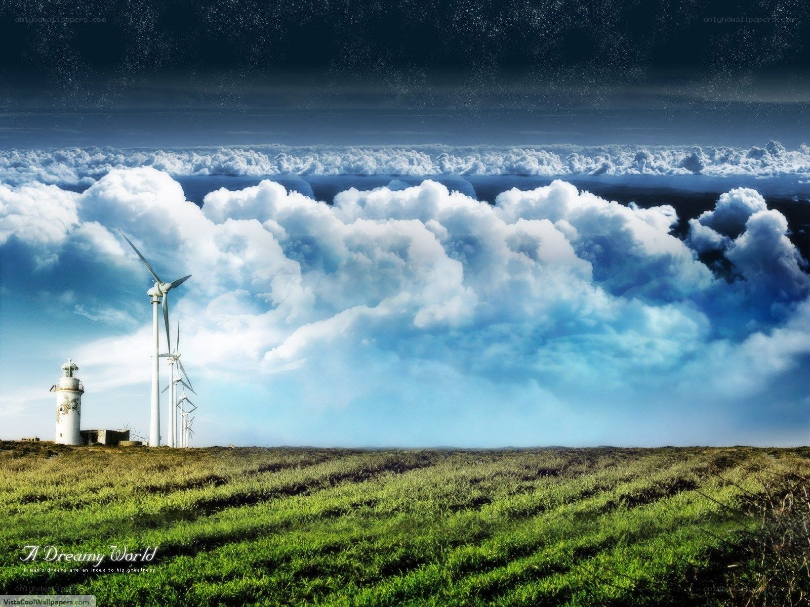 Dreamy world with wind turbines