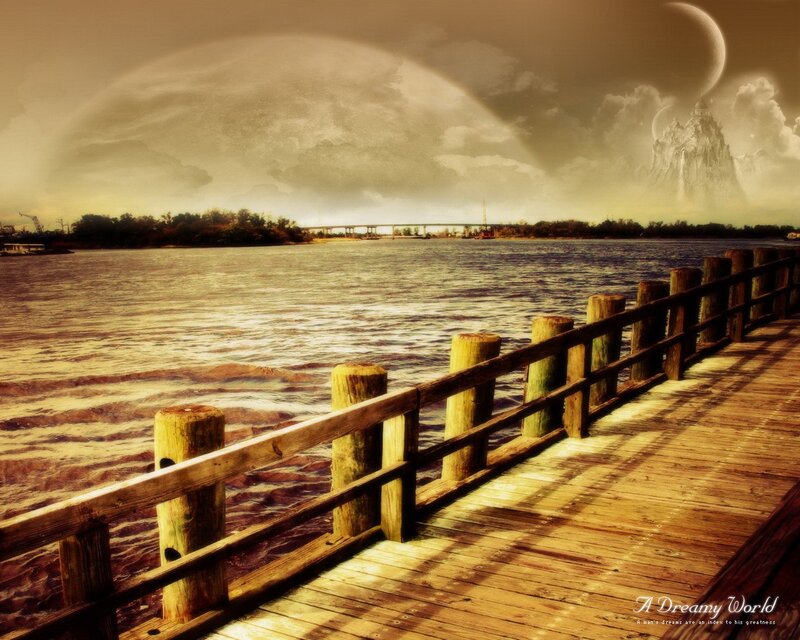 Dreamy world with wooden pier