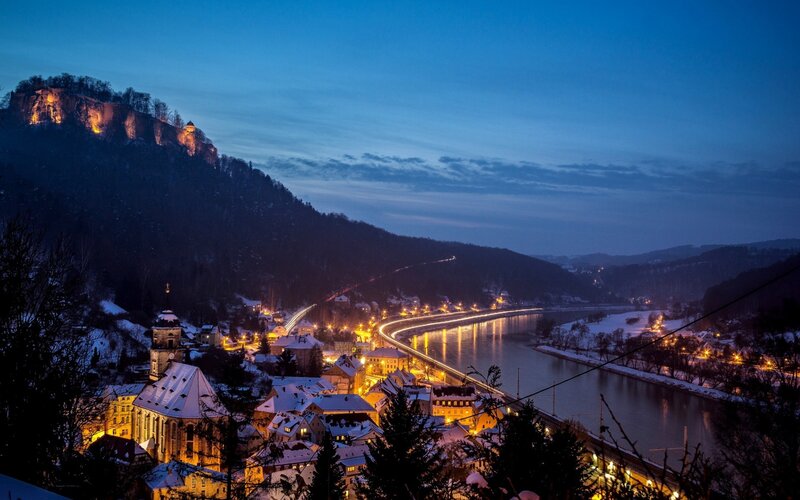 Dresden at dusk with illuminated castle
