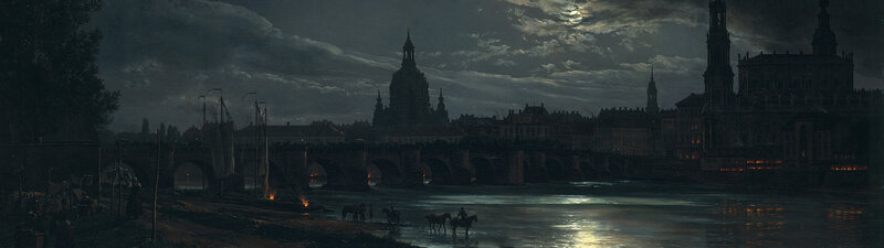 Dresden Cityscape at Night — Dark Blue, Dramatic, Painting