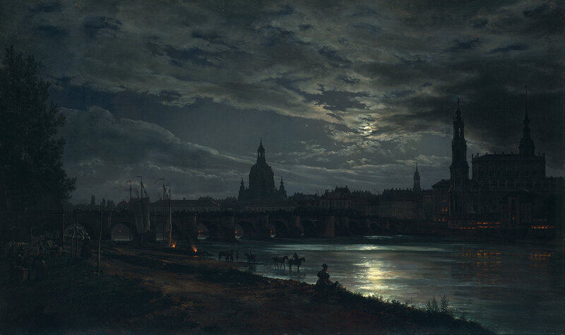 Dresden Cityscape at Night — Dark Blue, Dramatic