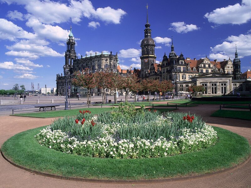 Dresden cityscape with flower bed
