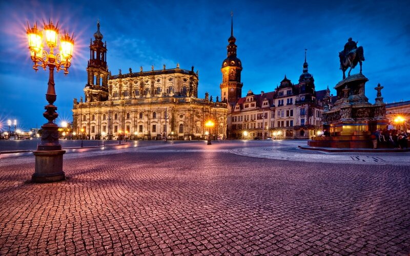 Dresden's historic city square at dusk
