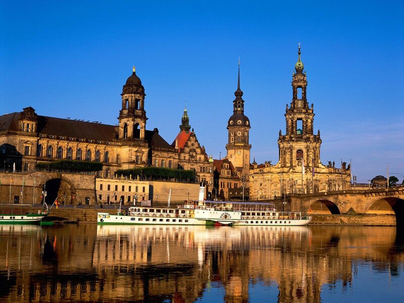 Dresden Skyline at Dusk — Blue, Serene, Sunset, Photograph