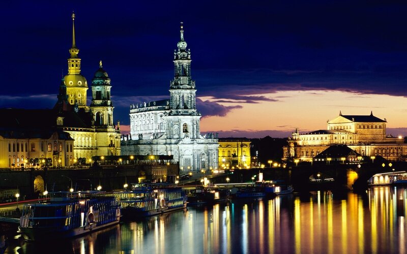 Dresden Skyline at Night — Blue, Dramatic, Photograph, River, Boats, Buildings, Yellow