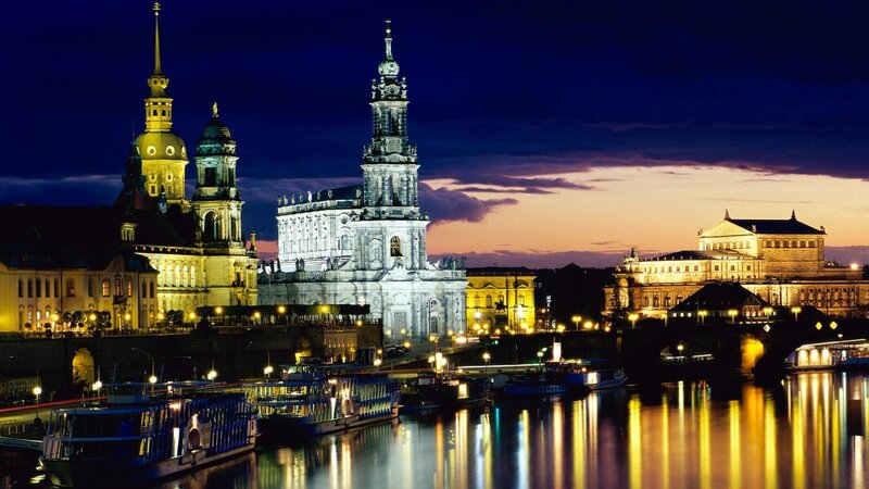 Dresden Skyline at Night — Blue, Dramatic, Photograph, River, Boats