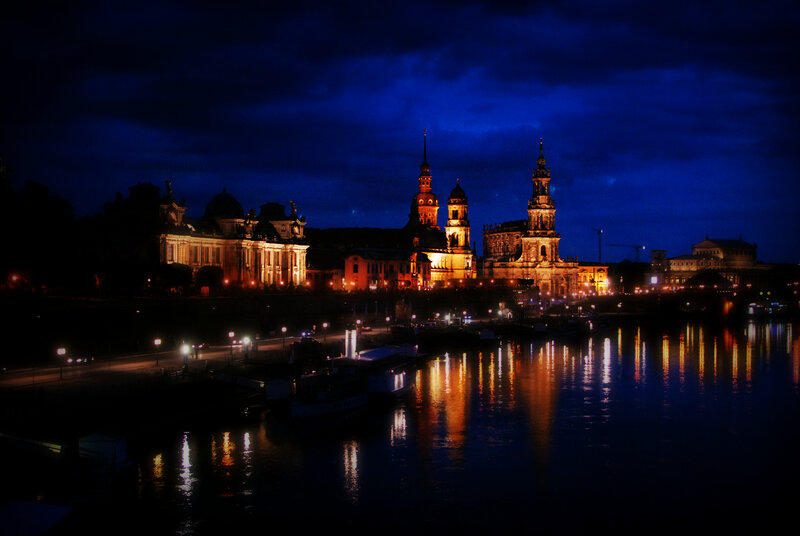 Dresden Skyline at Night — Blue, Dramatic, Photograph, River, Buildings