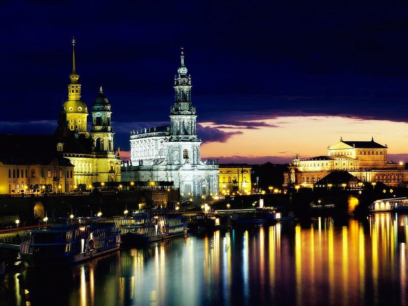 Dresden Skyline at Night — Blue, Dramatic, Photograph