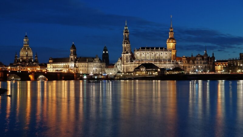 Dresden Skyline at Night — Blue, Serene, Photograph