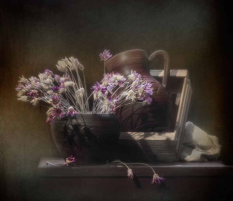 Dried Flowers in Vase — Brown, Dramatic, Photograph