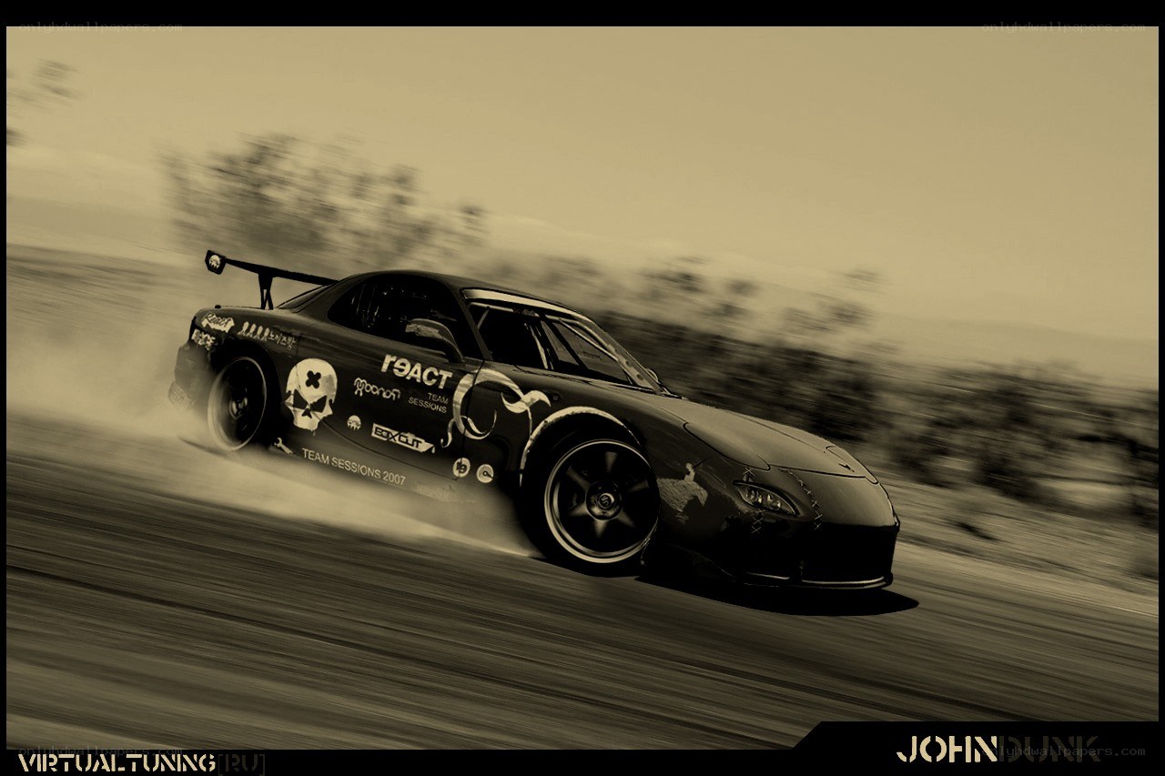 drifting car in sepia