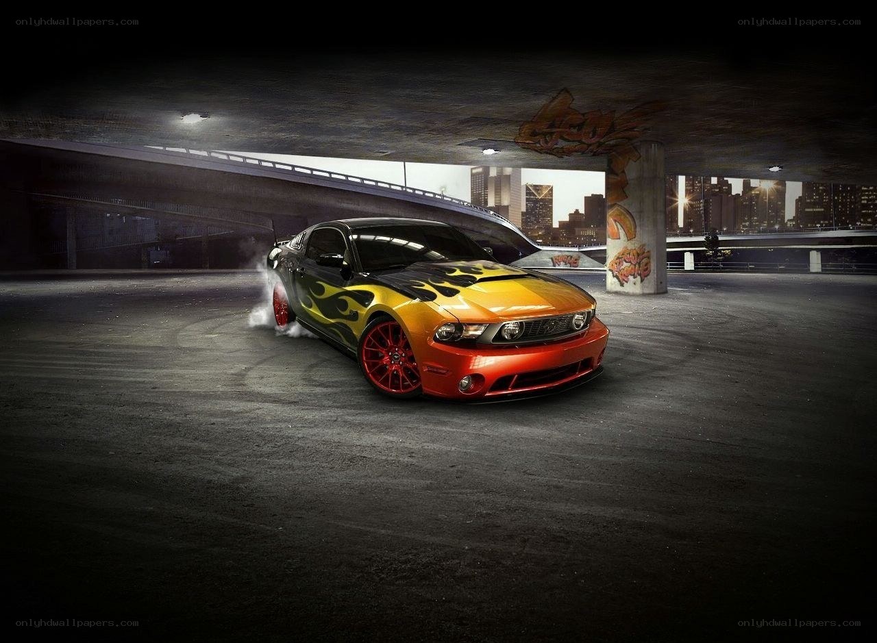 drifting car with flames