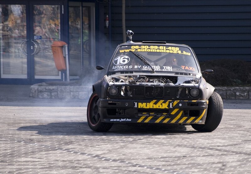 Drifting car with open hood