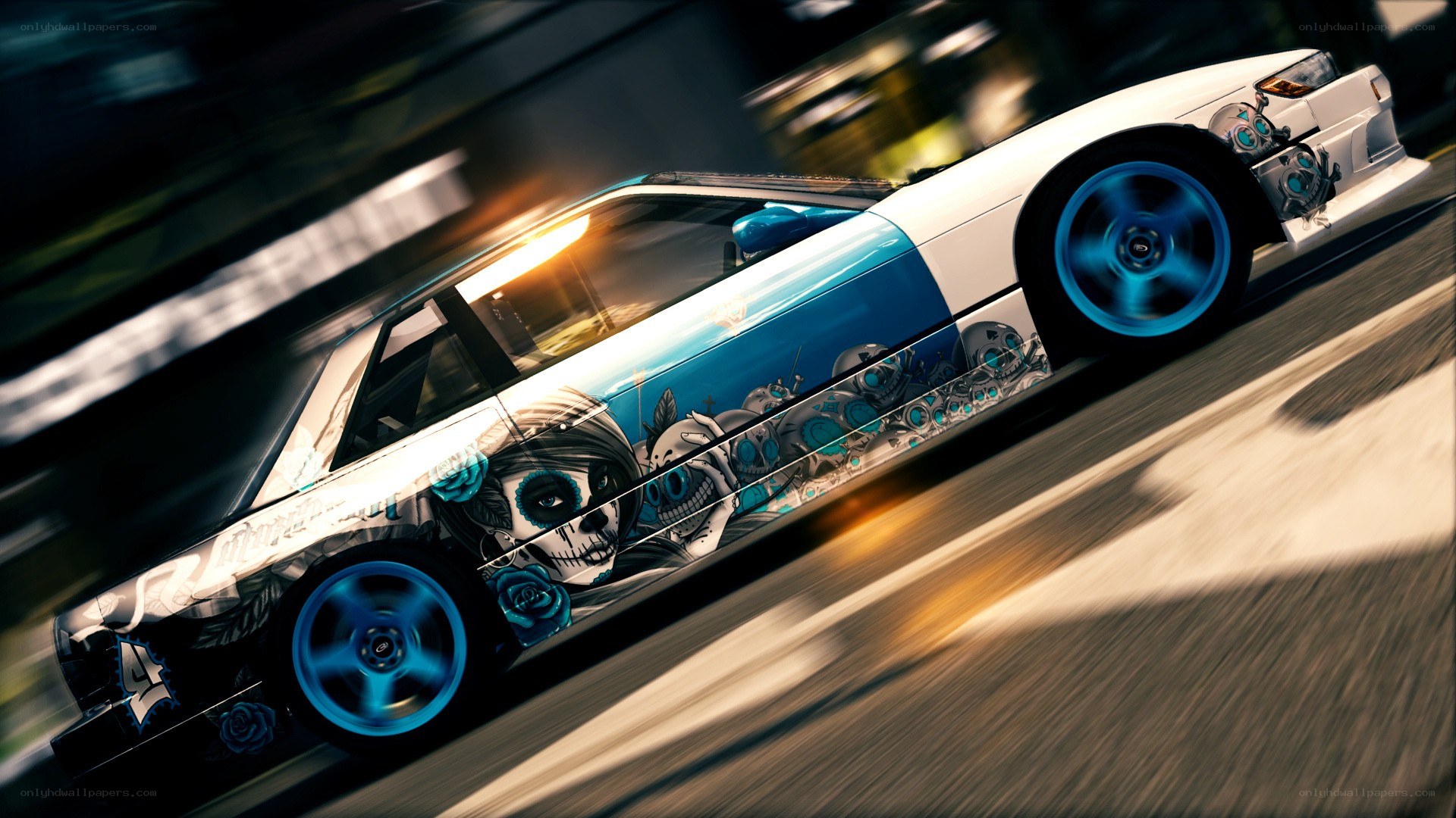 drifting car with skull art