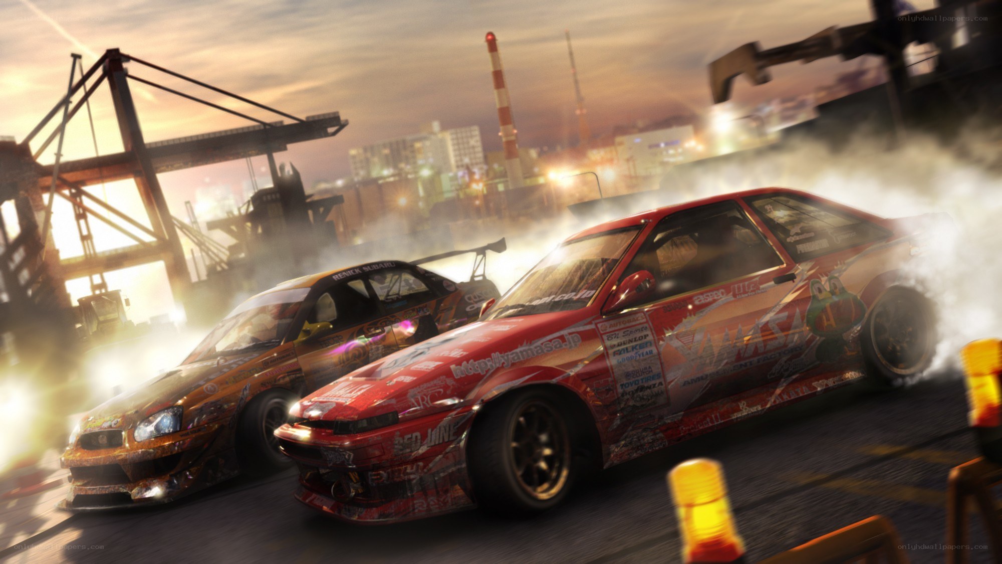Drifting cars at a port