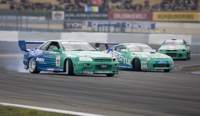 Drifting cars on a racetrack