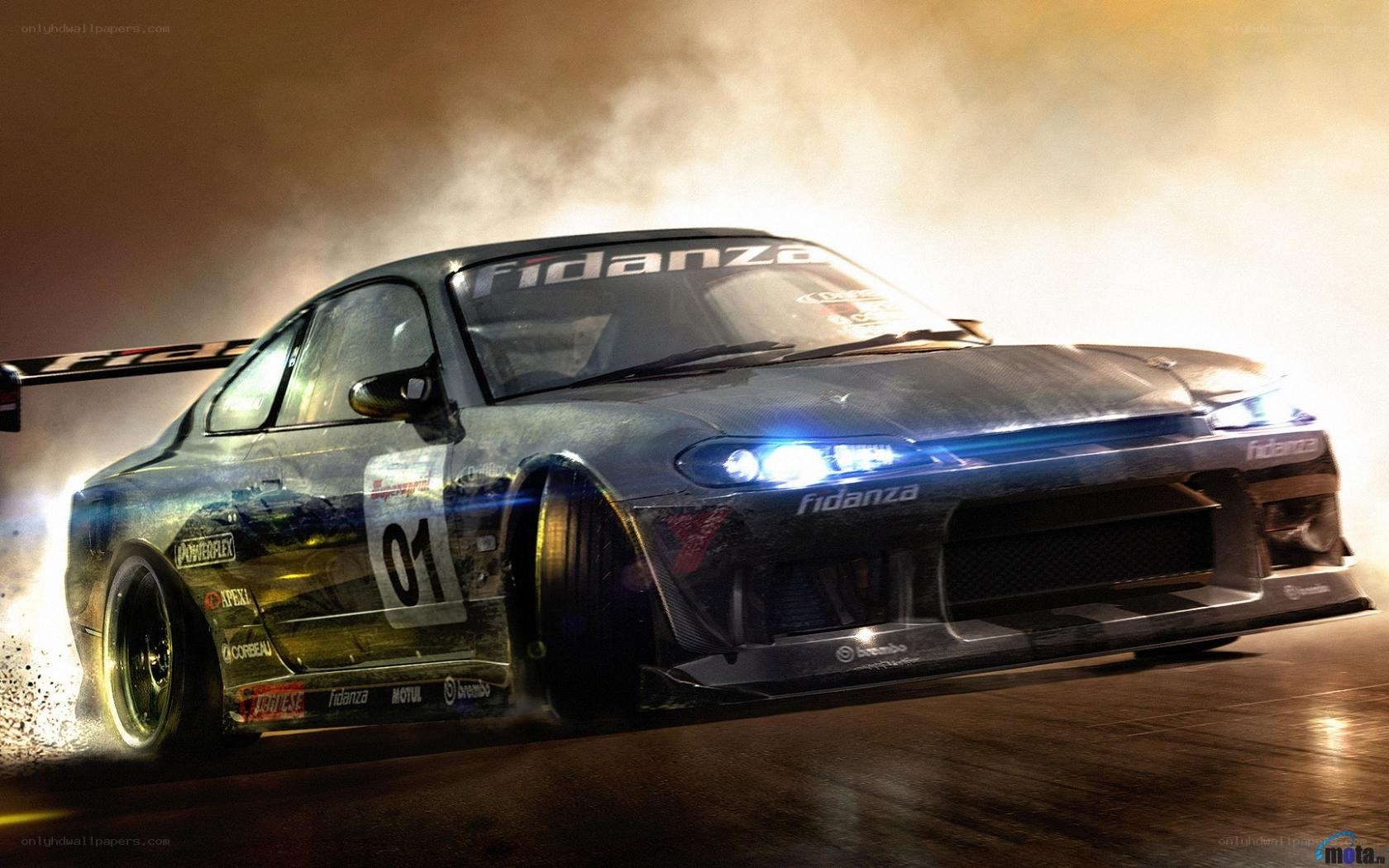 drifting race car at night