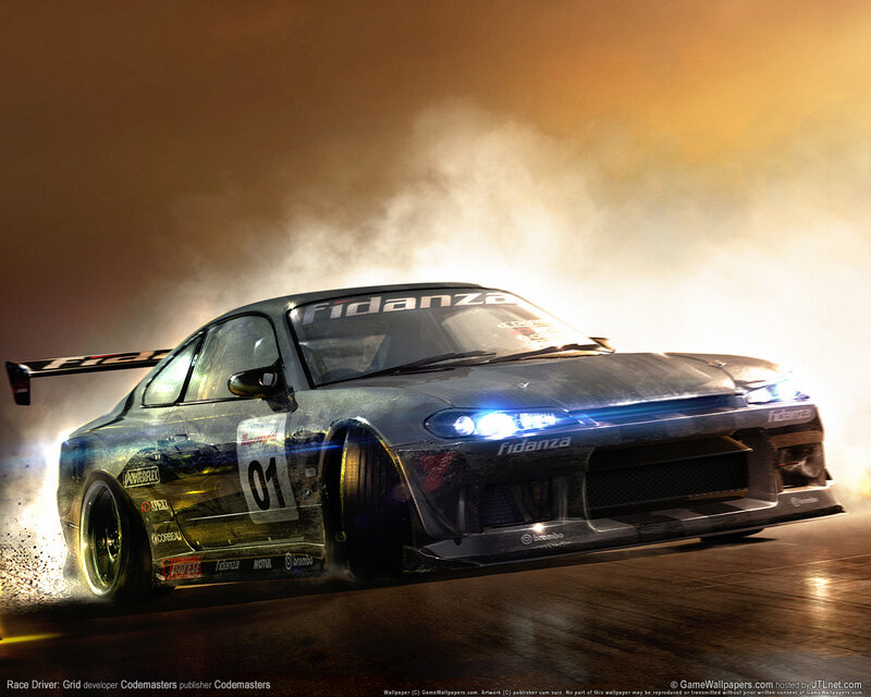 Drifting race car at night