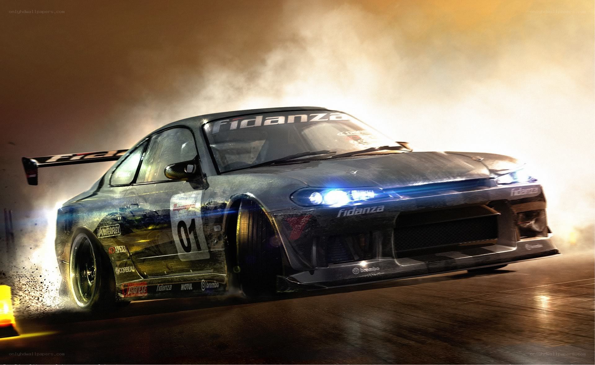 drifting race car at night