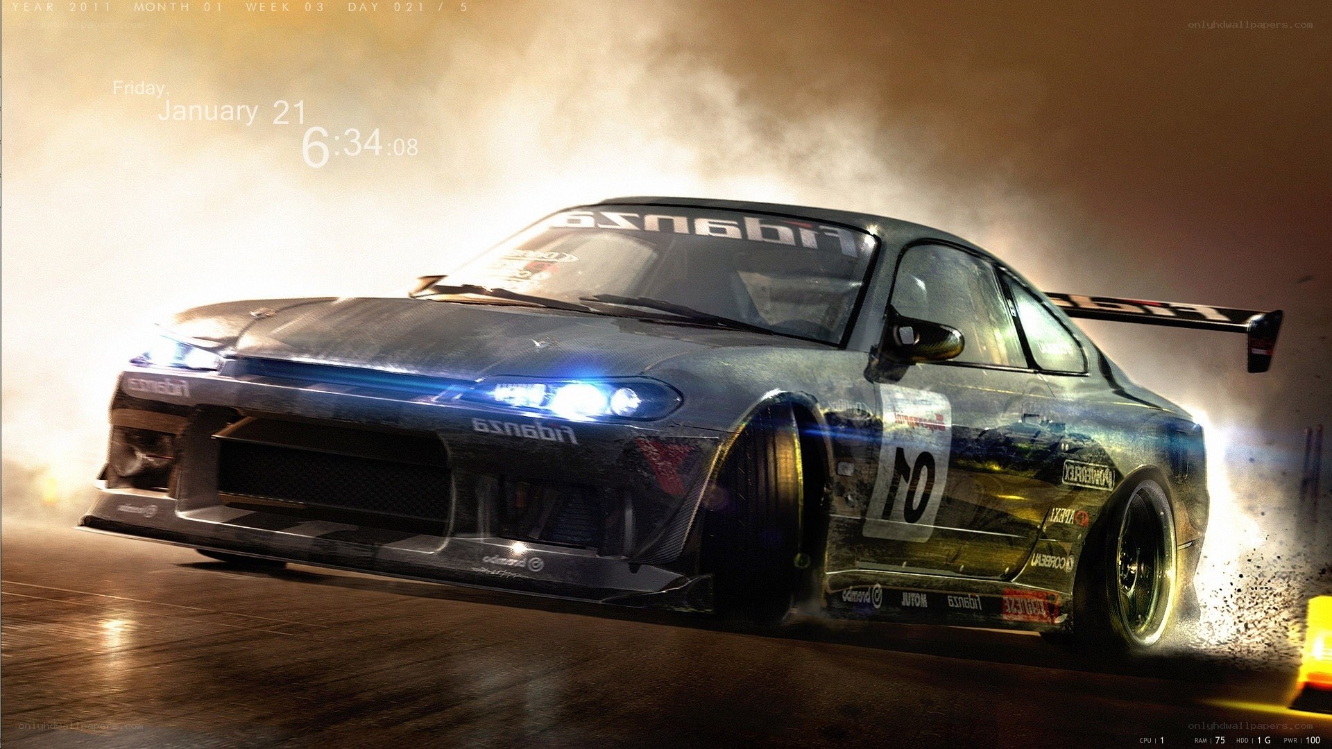 drifting race car at night