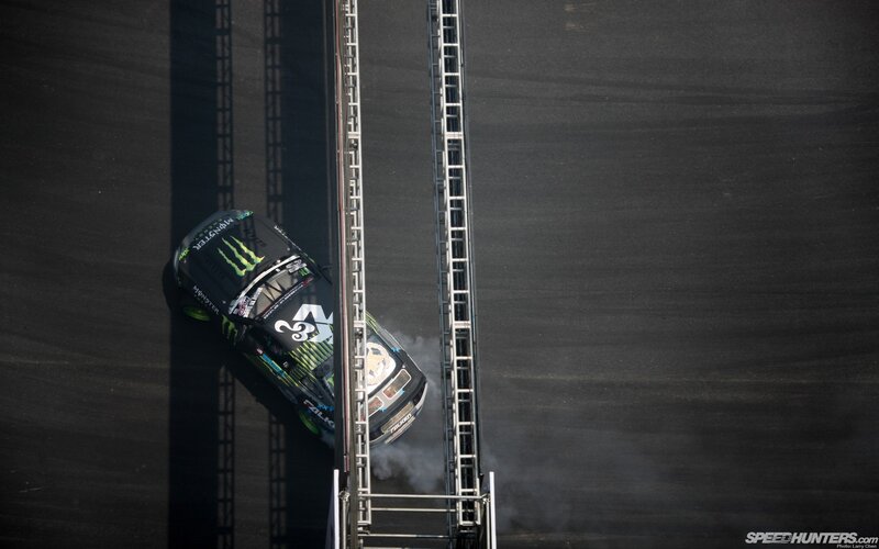 Drifting Race Car — Black, Dramatic, Afternoon, Photograph, Race Track