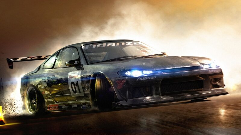 Drifting Race Car — Black, Dramatic, Night, Digital Art, Smoke